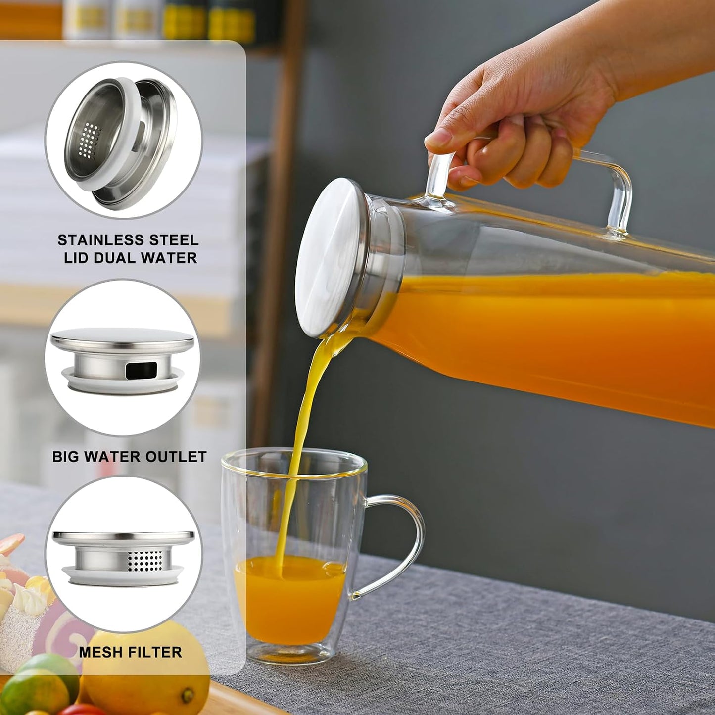 60 FL OZ (1.8L) Heat-resistant Glass Pitcher with Lid,Suitable for Refrigerators,with Handle.Can be Used for Gatherings and Family Dinners,for Tea,Coffee,Lemonade,Juice,Etc