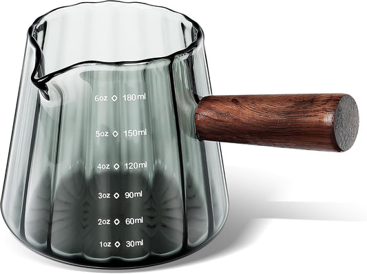Joeyan 6 oz Grey Glass Measuring Cups with Spout,Borosilicate Glass Triple Pitcher with Scale,Origami Style Espresso Shot