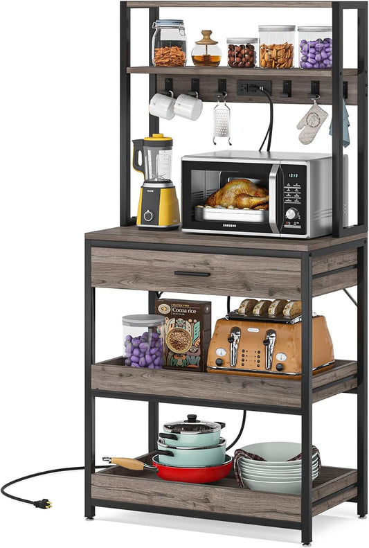 LITTLE TREE Kitchen Baker’s Rack with Power Outlets, Freestanding 5-Tier Microwave Stand with Drawers & Sliding Shelves,