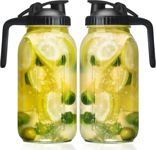 Glass Mason Jars Pitcher 64 Oz Pour Spout Lids & Handle (2 Pack) Wide Mouth Airtight Leak Proof Fridge Breast Milk Pitcher