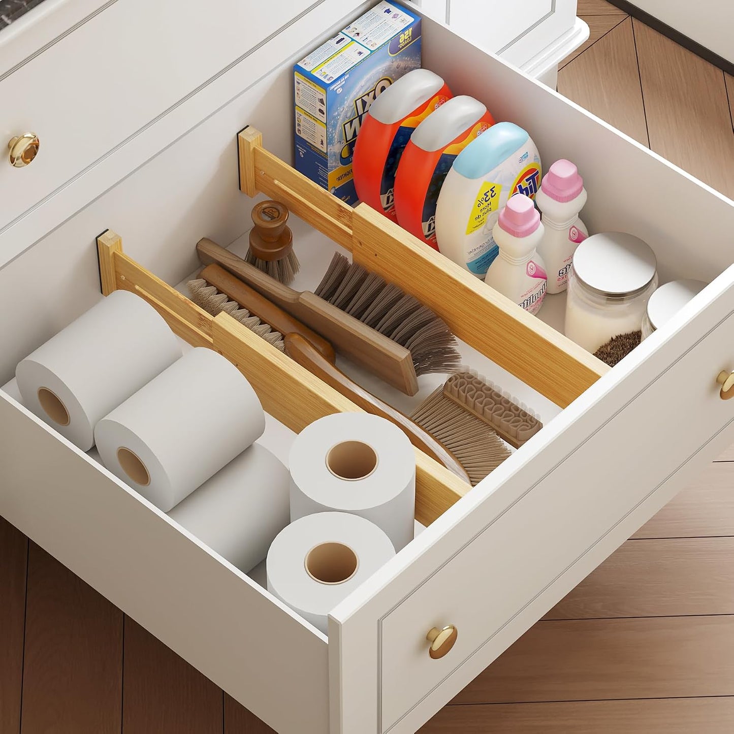 BAMEOS Bamboo Expandable Drawer Dividers – Fits 13.3"–19" Drawers, 3" Deep Walls, Set of 4 | Spring-Loaded Separator for Deep Kitchen &amp; Bathroom Drawers, Prevents Items Falling Over
