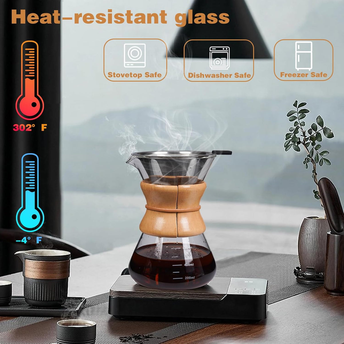 Pour Over Coffee Maker with Reusable Stainless Steel Drip Filter, Lead-Free Borosilicate Glass Coffee Carafe with Modern Wooden Collar for 1-6Cup, Circular Clear (800ml/27oz)