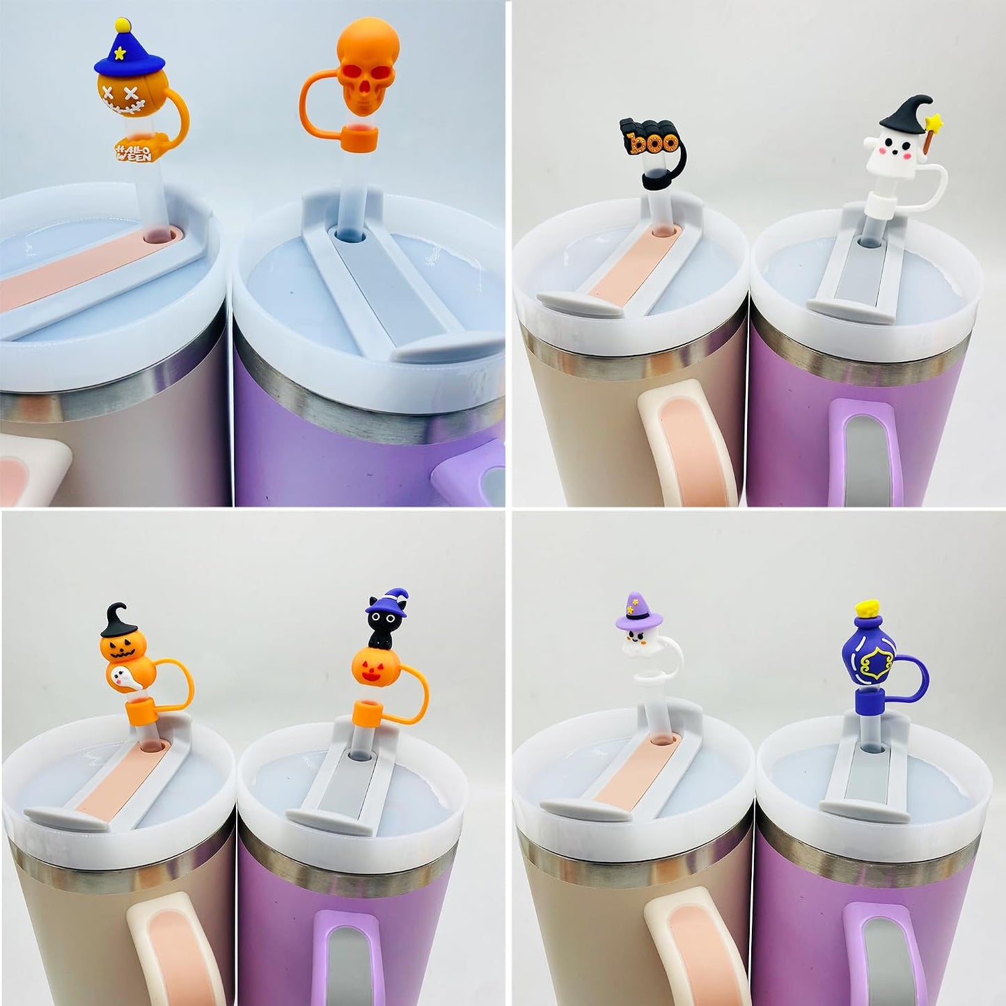 9PCS 3D Halloween Straw Toppers for Stanley Cup, Cute Silicone Skull Ghost Straw Covers Cap Compatible with 30&amp;40oz Tumbler with Handle,10mm 0.4in Dust-Proof Reusable Tips Lids for Halloween Gifts
