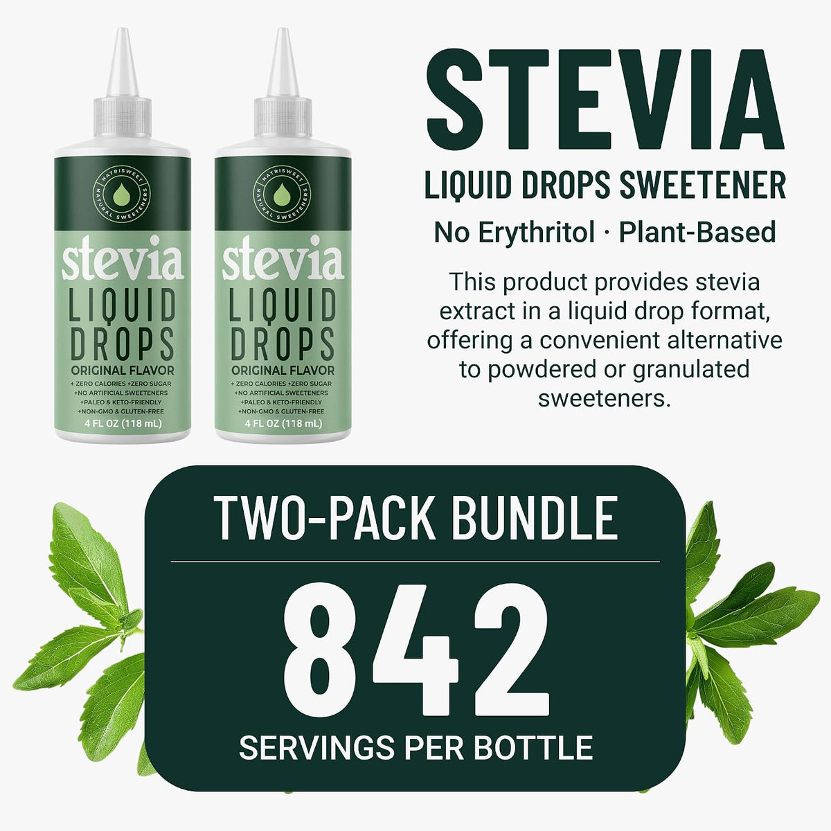 Liquid Stevia Drops, Stevia Extract Liquid Sweetener for Coffee, Tea, Beverages &amp; Recipes, Plant-Based, Non-GMO, Keto Friendly, 4 fl oz (118 mL), 1,684 Servings