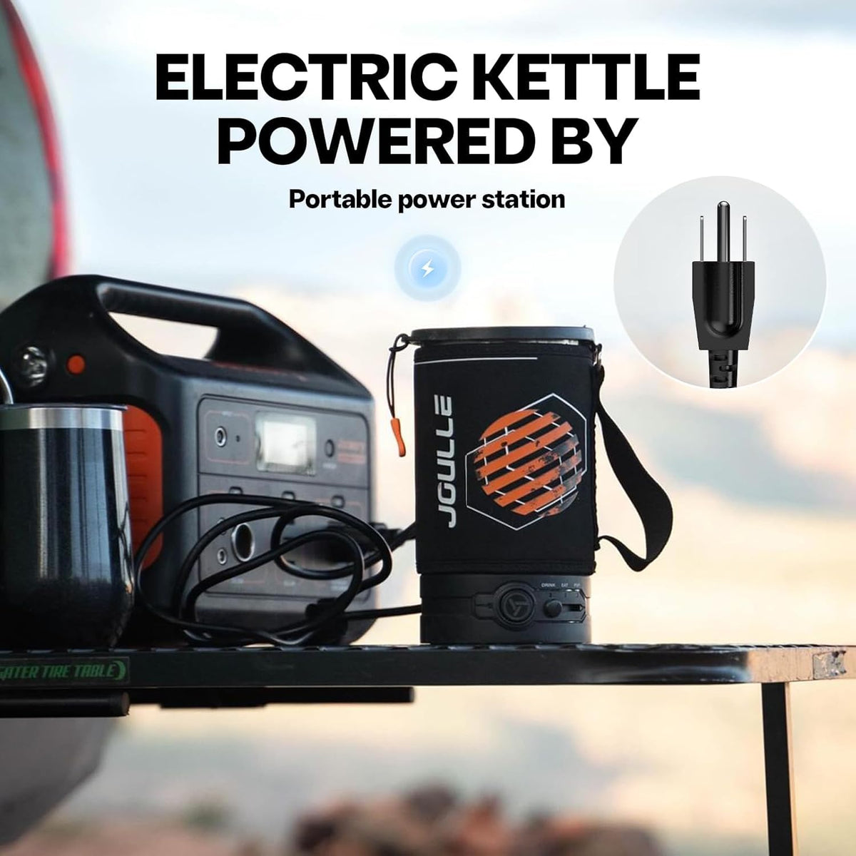 Portable Camping Coffee Maker, Electric French Press, Travel Kettle, 120V | 2-in-1 coffee maker and water boiler with electric French press brewing; portable 120V design for camping, travel and RV use.