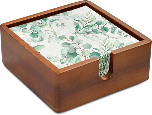 Acacia Cocktail Paper Napkin Holder Square 5.4x5.4 inches, Wood Flat Napkin Tray, Cocktail Napkin Caddy For Kitchen Décor,