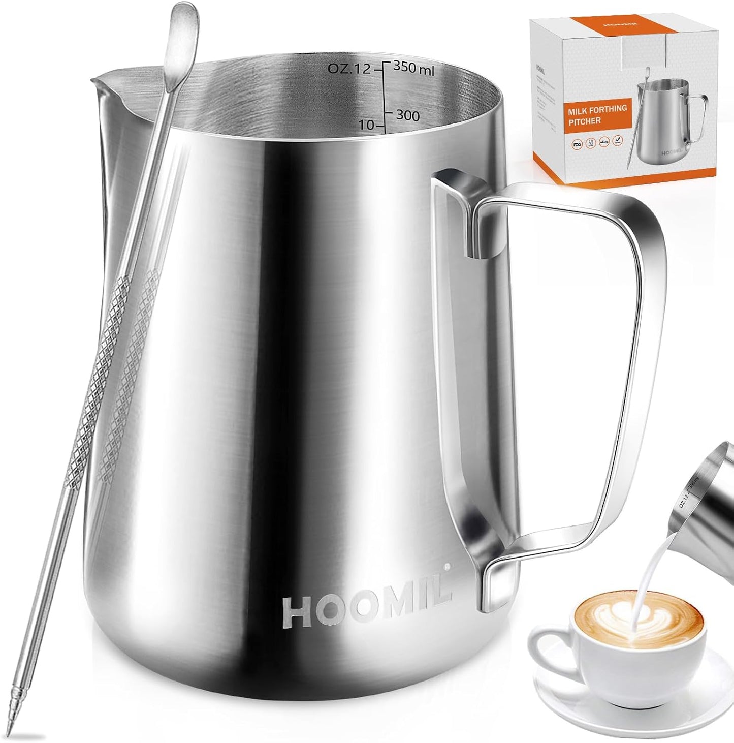 HOOMIL Milk Frothing Pitcher, 12oz/350ml Stainless Steel Steaming Pitcher Barista Milk Frother Cup J
