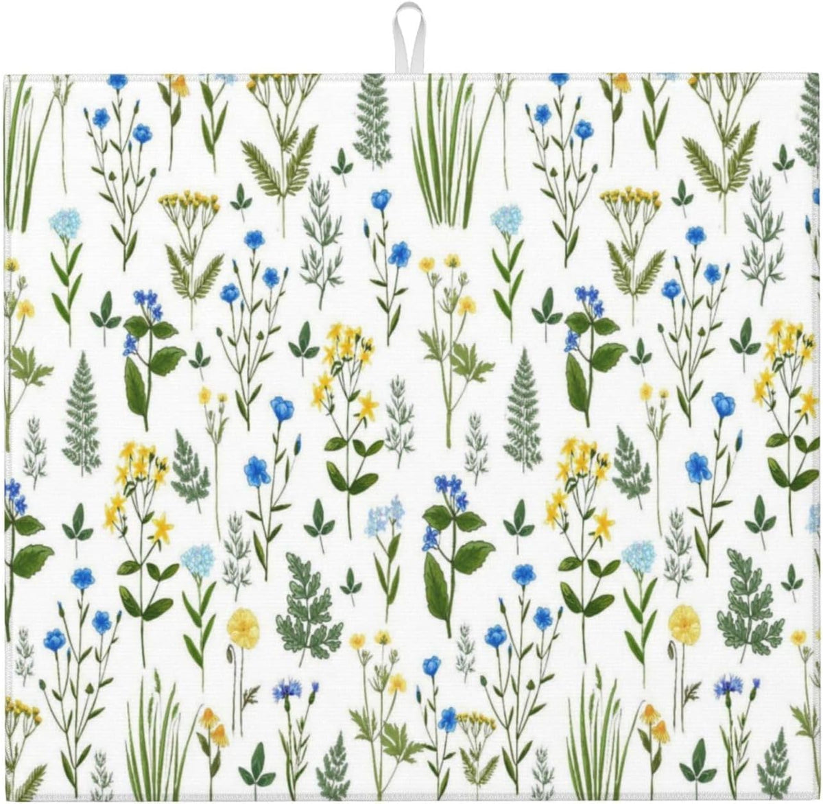 Blue Yellow Wildflower Dish Drying Mats for Kitchen Counter, Vintage Botanic Fern Leaves Floral Kitchen Drainer Pad, Absorbent Microfiber Reusable Washable Dish Draining Mats, Home Decor, 16 x 18 inch