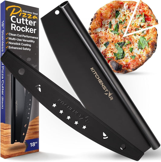 KitchenStar 18-Inch Pizza Cutter Rocker Blade - Sharp Stainless Steel Slicer Knife, Protective Cover, Black Nonstick, Extra