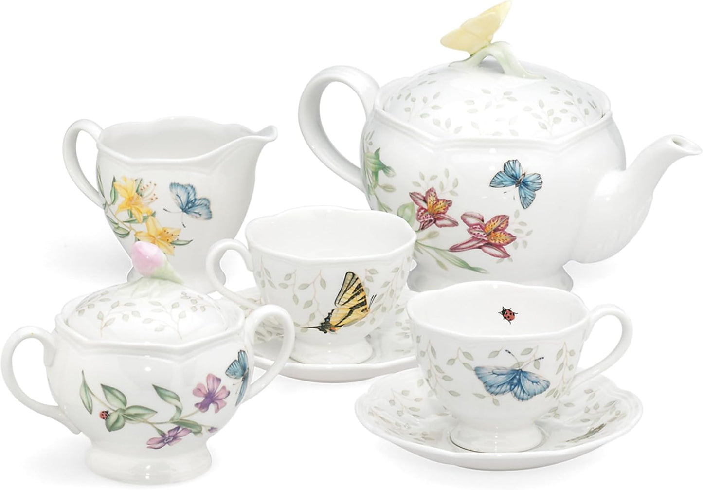 Lenox Butterfly Meadow Porcelain Teapot and Tea Cup Set, 9-Piece, 48oz | dishwasher safe | includes creamer, sugar bowl, 2 teacups, 2 saucers | floral tea party gift | 48oz, gift for women