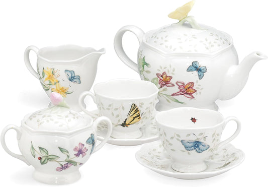 Lenox Butterfly Meadow Porcelain Teapot and Tea Cup Set, 9-Piece, 48oz | dishwasher safe | includes creamer, sugar bowl, 2 teacups, 2 saucers | floral tea party gift | 48oz, gift for women