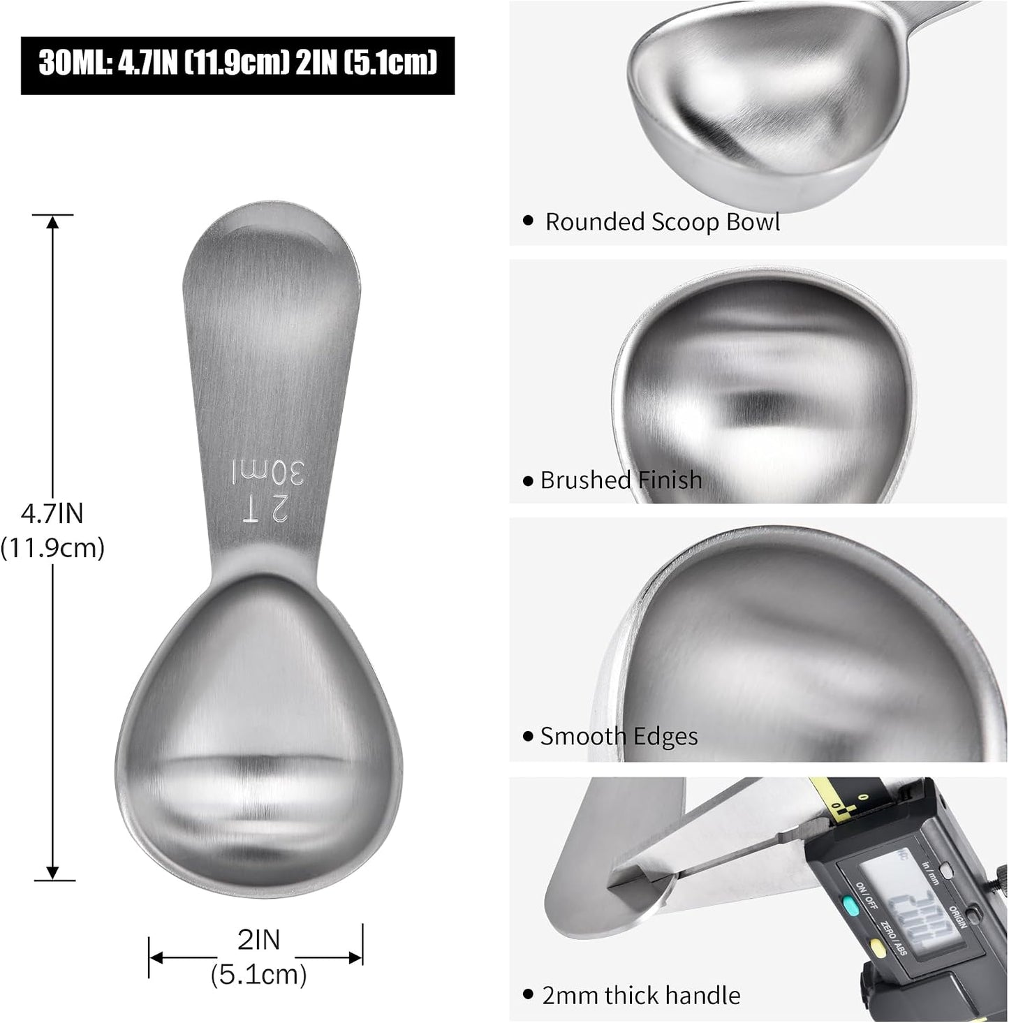 Doosu Stainless Steel 2 Tablespoon Coffee Scoop for Ground Coffee (30ml) | 18/8 Food Grade Metal Heavy Duty Measuring Spoon with Short Handle, Tbsp Scoop for Coffee Beans Tea Sugar Powder Espresso
