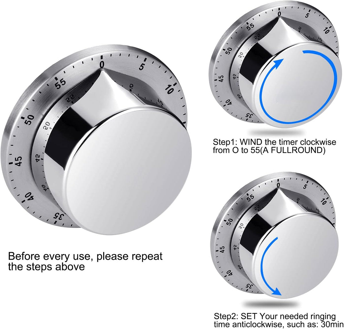 Albayrak Kitchen Timer, Chef Cooking Timer Clock with Loud Alarm, No Batteries Required, 100% Mechanical - Magnetic Backing, Exquisite Stainless Steel Body - Countdown Reminder - Silver 1Pack