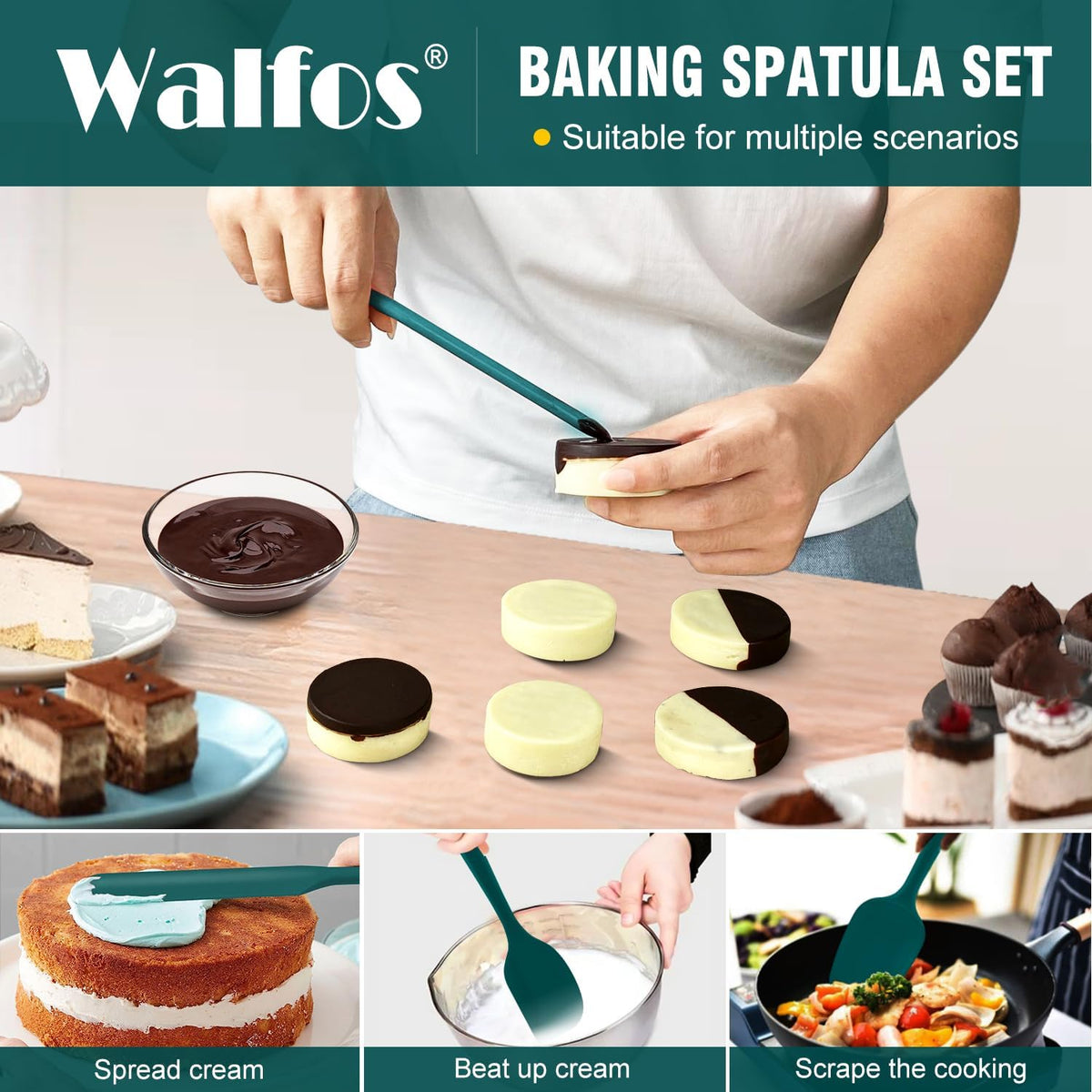 Walfos Silicone Spatula Set of 5 - (600°F) High Heat Resistant Dark Green Kitchen Scraper Spatulas, One-Pieces Seamless Design, Perfect for Cooking Mixing &amp; Baking - BPA Free and Dishwasher Safe