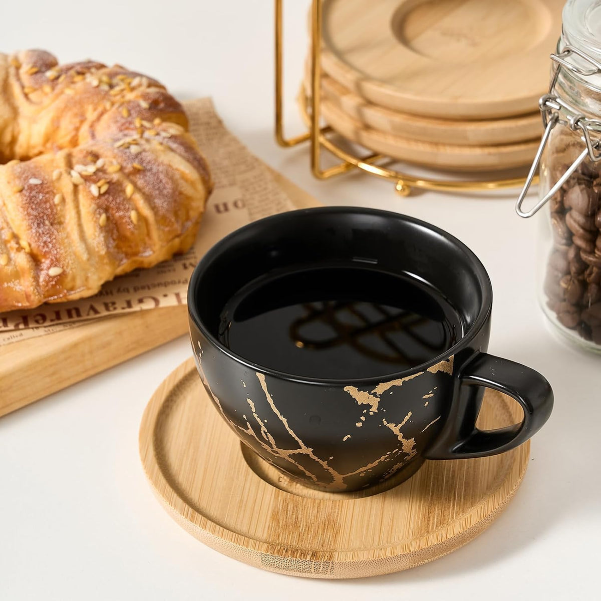 LUKA Ceramic Demitasse Espresso Cups Set with Saucers and Metal Stand, 8 oz Porcelain Stackable Cappuccino Cups Teacup For Tea, Espresso, Latte, Coffee, Cafe Mocha, Set of 4, Black
