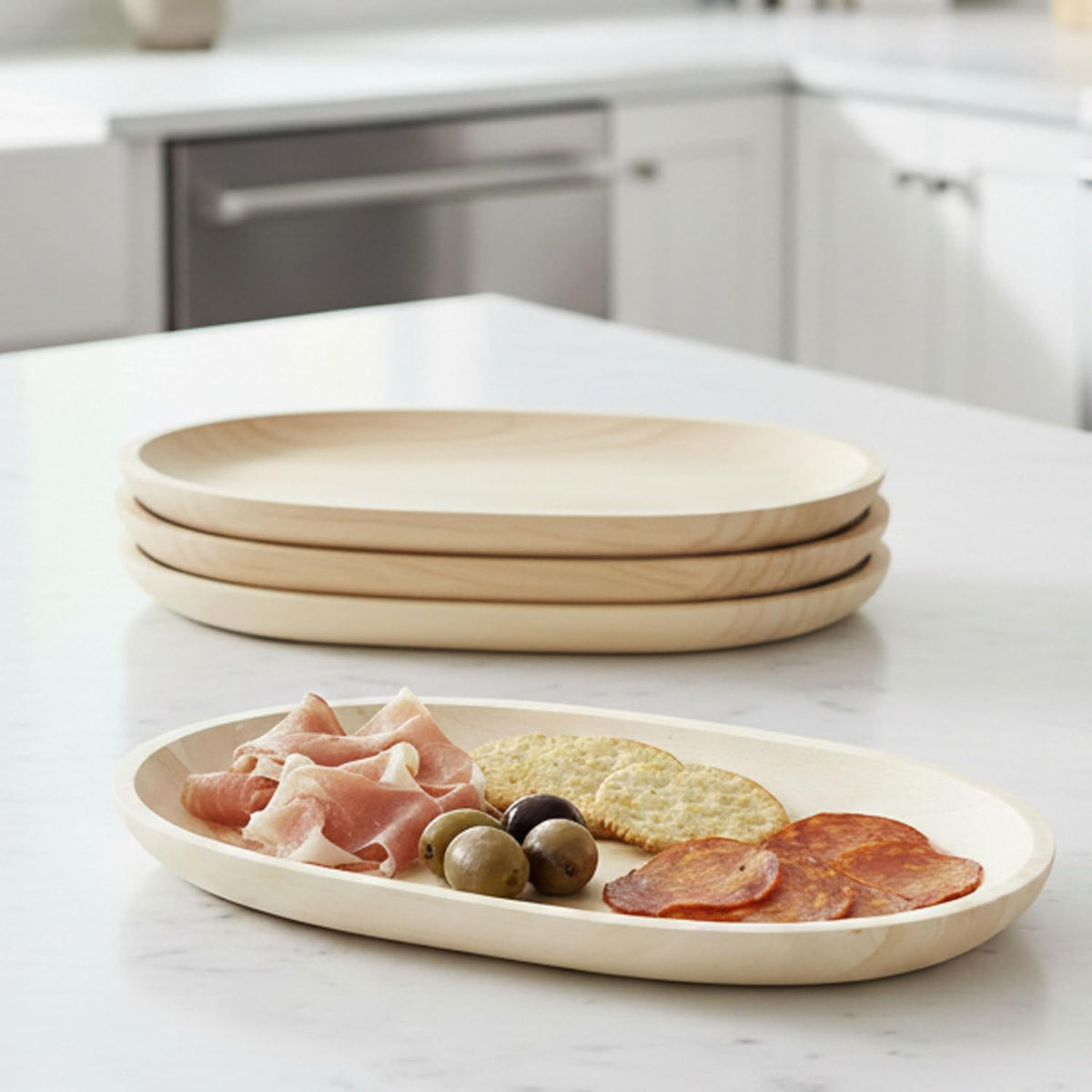 Woodard &amp; Charles Whitewash Oval Wood Serving Trays, 6" x 10", Set of 4 | Wood Oval Serving Tray; Perfect for Charcuterie, Cheese, Tapas, Sushi, Crudites and Appetizers for Parties or Everyday Use