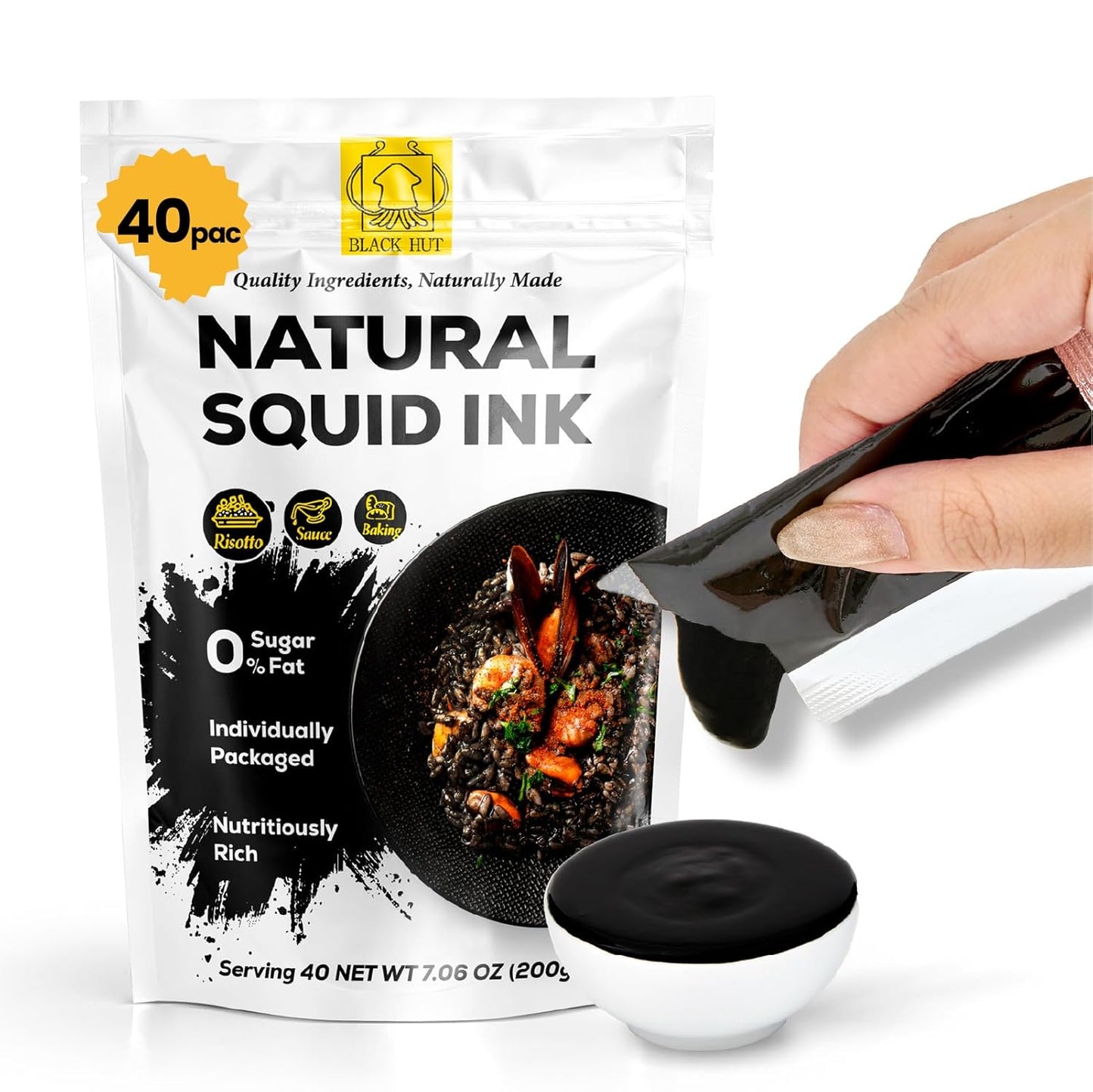(5g x 40 Pack) Black Hut Squid Ink, Food Coloring Tinta Calamari for Rice Noodles Pasta Spaghetti Ri