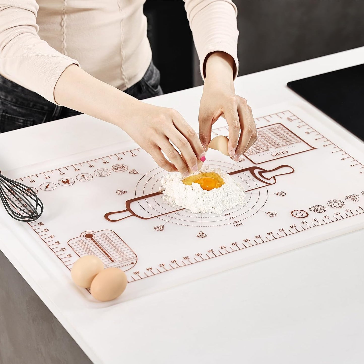 Silicone Baking Mat 16"L x 24"W, Extra Thick Dough Rolling Pad with Measurements and Edge Heightening, Non-stick Food Grade Silicone Pastry Mat for Pastry, Bread, Cookies (Transparent)