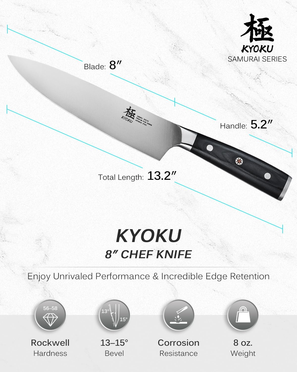 KYOKU 8" Chef Knife, Samurai Series Meat Cutting Knife with Pakkawood Handle & Mosaic Pin, Japanese High Carbon Steel Knife, Full Tang Cutting Chopping Knife for Vegetable Fruit with Sheath and Case