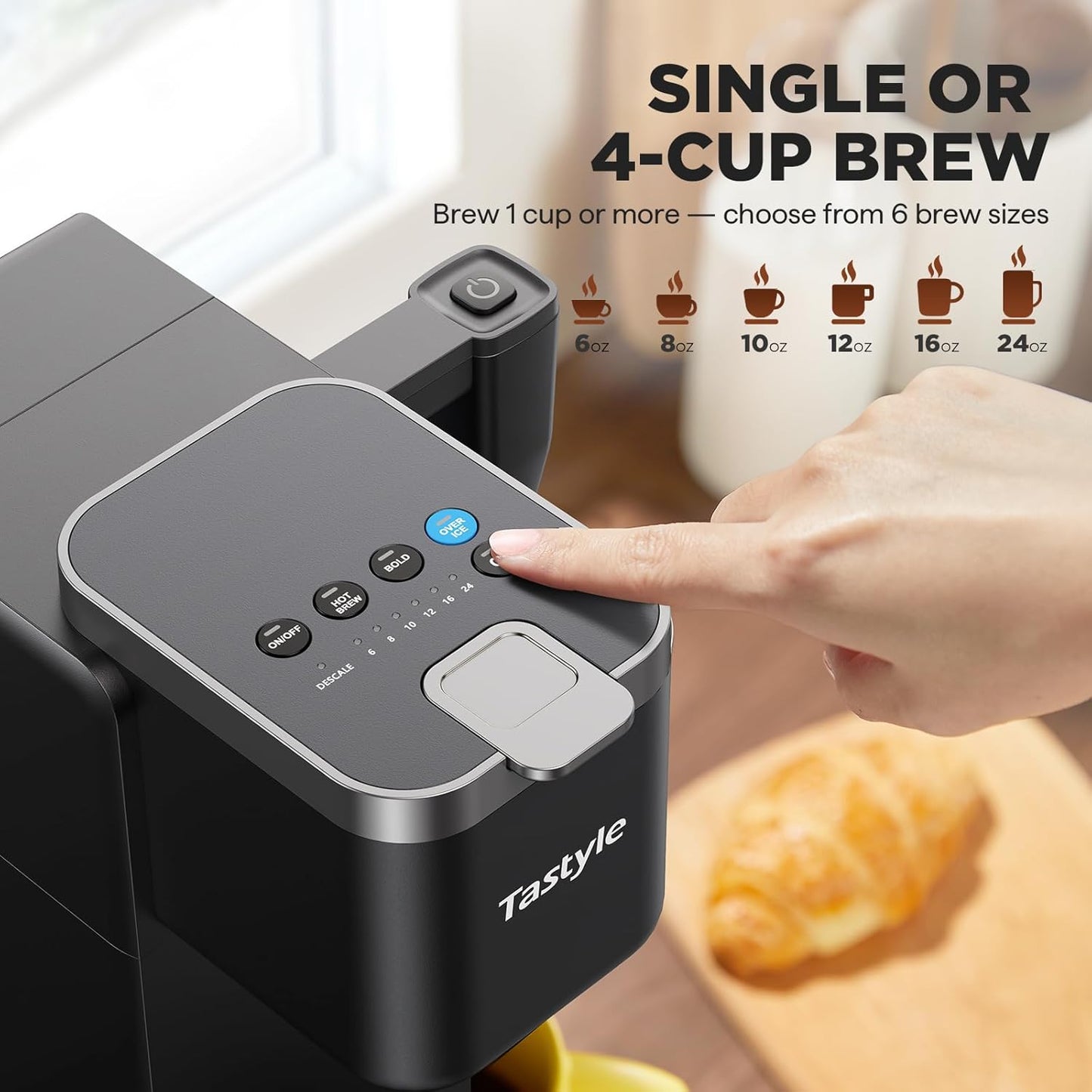 Tastyle Single Serve Coffee Maker with Built-in Detachable Milk Frother | For K Cups &amp; Grounds, 40oz Removable Water Tank, 6 Brew Sizes, 2 Drip Trays, BPA Free, Fits 7.3" Travel Mug, K330MF, Black