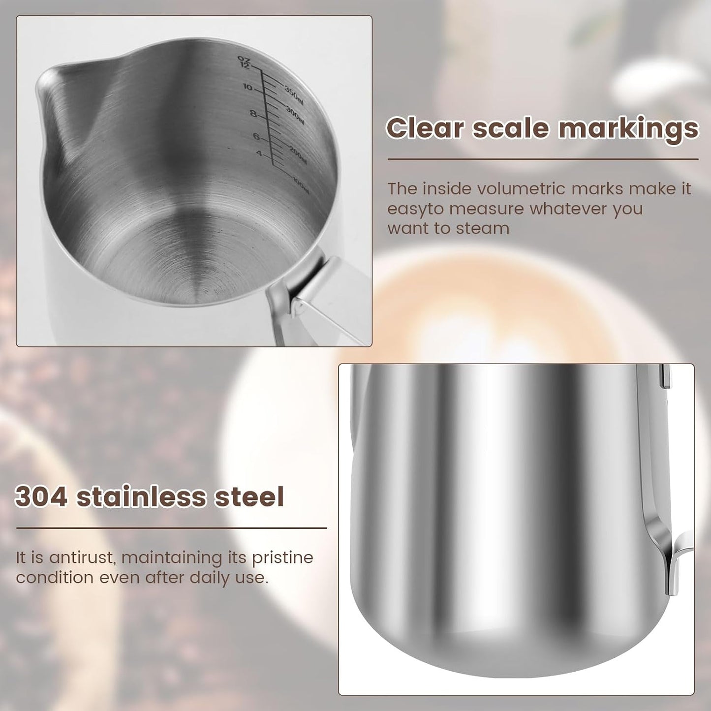 4PCS Milk Frothing Pitcher, 12oz/350ml Stainless Steel Milk Frother Cup, Espresso Coffee Jug for Latte Art Cappuccino, Barista Milk Cup with Decorating Pen for Home Barista and Coffee Bar