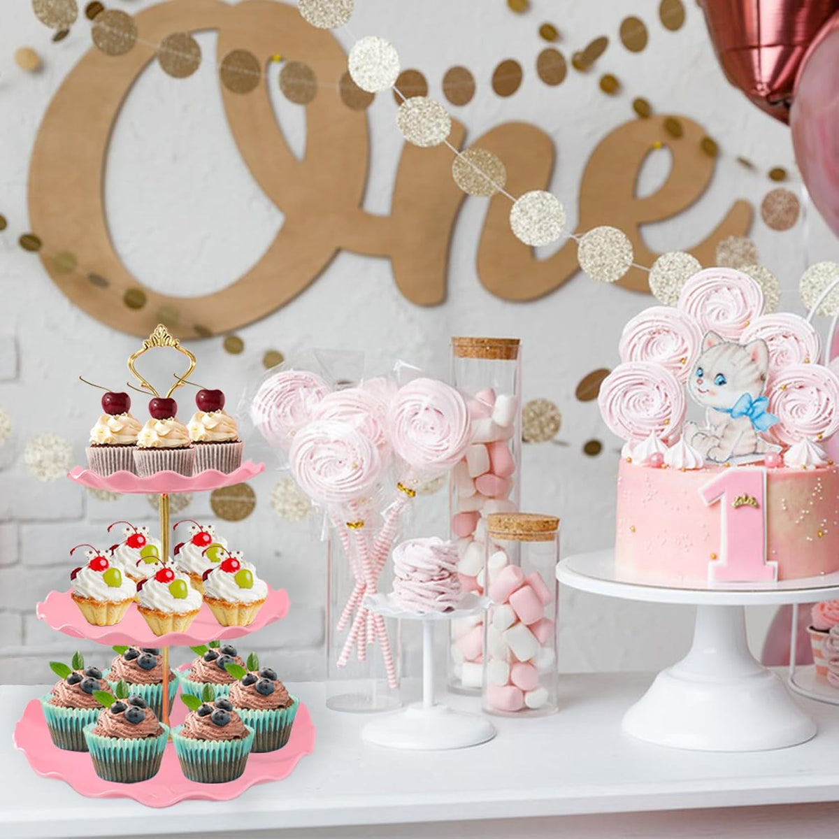 5 Pcs Dessert Table Display Set, Round Cupcake Stand, Pink