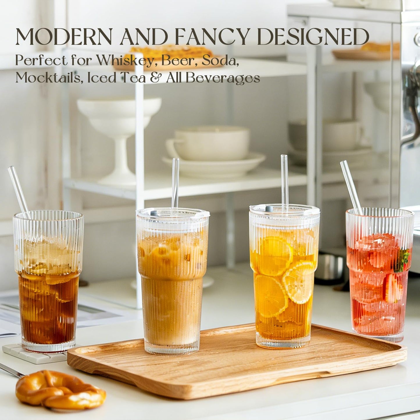 KEMORELA 20oz Ribbed Glass Tumblers with Lids and Straws,Iced Coffee Cups | Reusable thick-wall glass, Leak-Proof Lids, Fits Most Car Cup Holders, For Iced Coffee and Cold Drinks, With Cleaning Brush