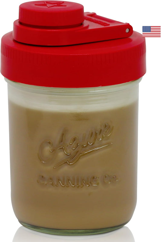 Brewing America Creamer Jar with Pouring Lid and 1 Pint (16 oz) Azure Mason Jar, Red Wide Mouth Pour Lid for Milk, Sugar,