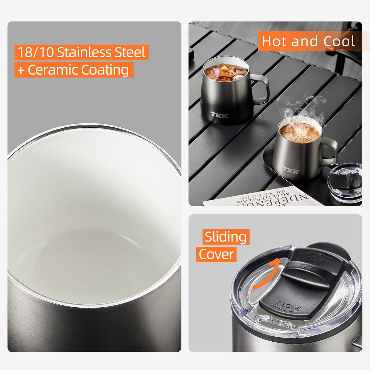 TKK 12 oz Insulated Coffee Mug with Handle Ceramic Coating Detachable Slider Lid Stainless Steel Tumbler Double Wall Vacuum Travel Cup