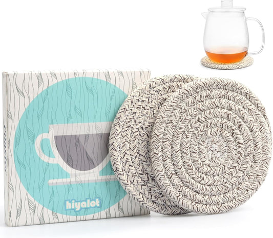 Large 4.8" Cotton Coasters for Drinks Set of 2, Oversized Absorbent Brown Fabric Cup Mats for Coffee Mugs, Boho Desk &
