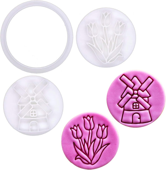 BAKERLOGY Spring Whispers - Mini 2" Cookie Cutter & Stamp Set - Tulip Garden & Windmill Design for Easter & Spring Cookies,