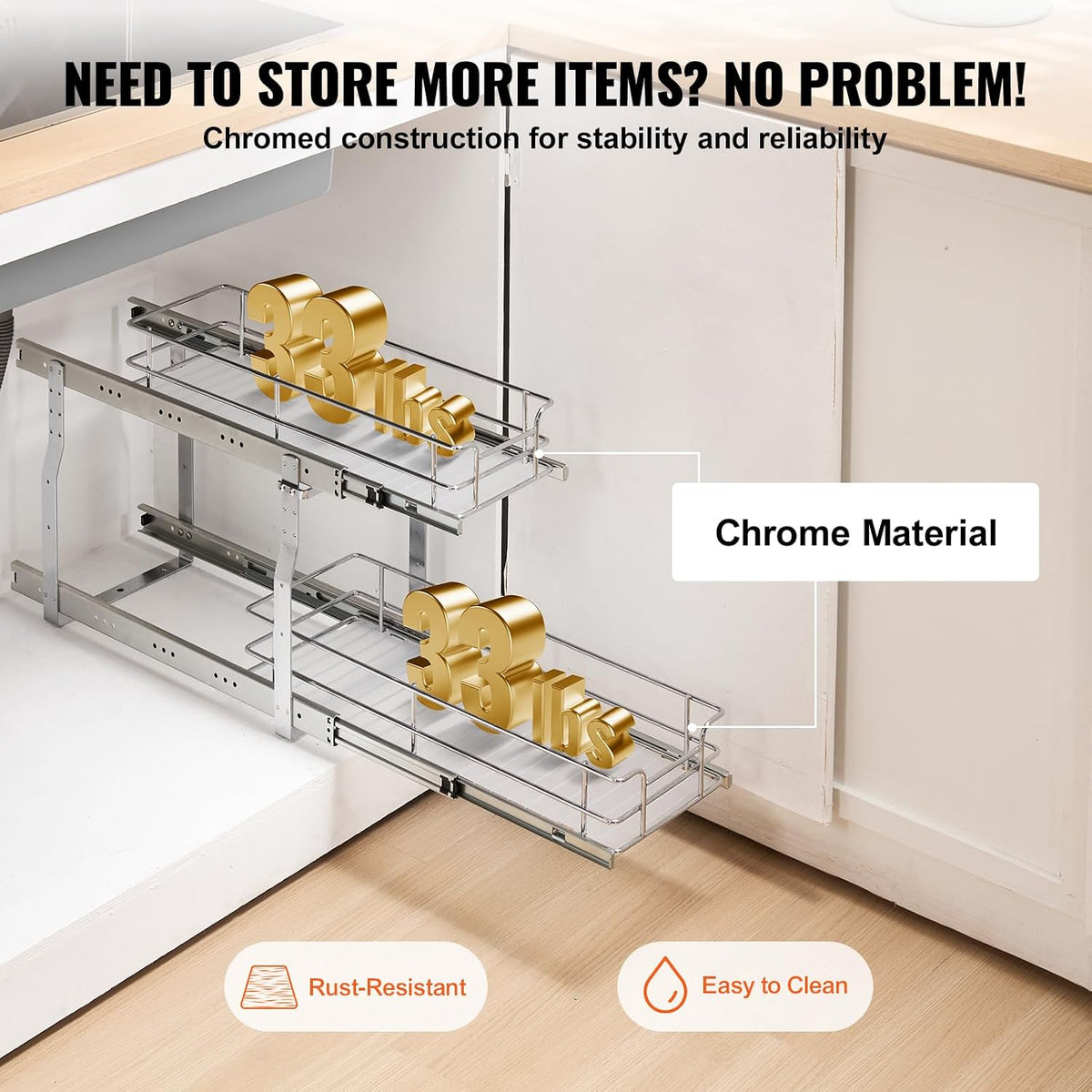 VEVOR Pull Out Cabinet Organizer,8.5" W x 21" D x15.2 HHeavy Duty Slide Out Pantry Shelves, Chrome-Plated Steel Roll Out Drawers for Home, 10" Wx22 Dx19 H Inside Kitchen Cabinet, Bathroom, Under Sink
