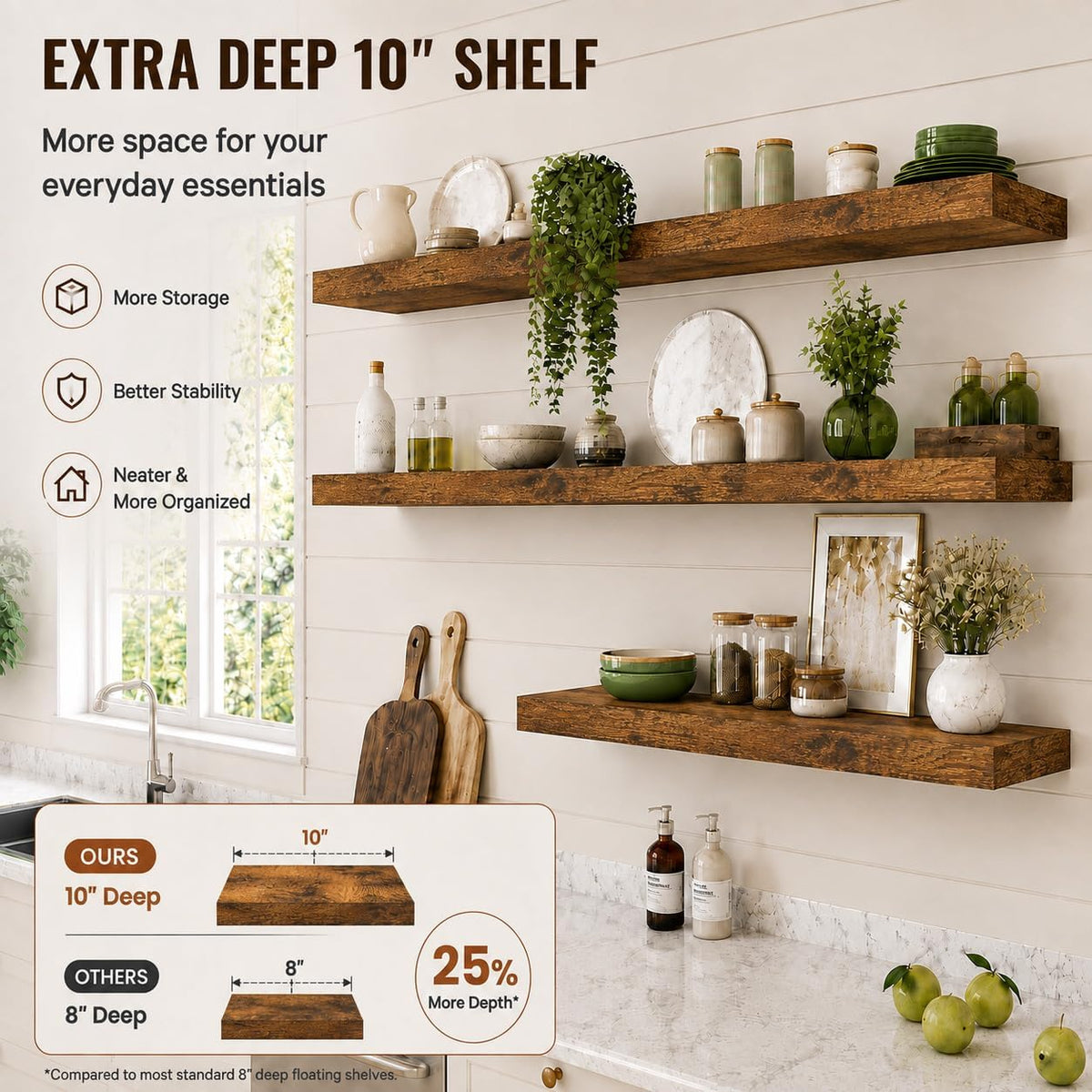 Floating Shelf, Set of 1 Wall Shelf, 24 in W x 10 in D x 1 in H Wooden Floating Wall Shelf with Invisible Brackets for Living Room/Bedroom/Bathroom/Kitchen Storage and Decor, Rustic Brown