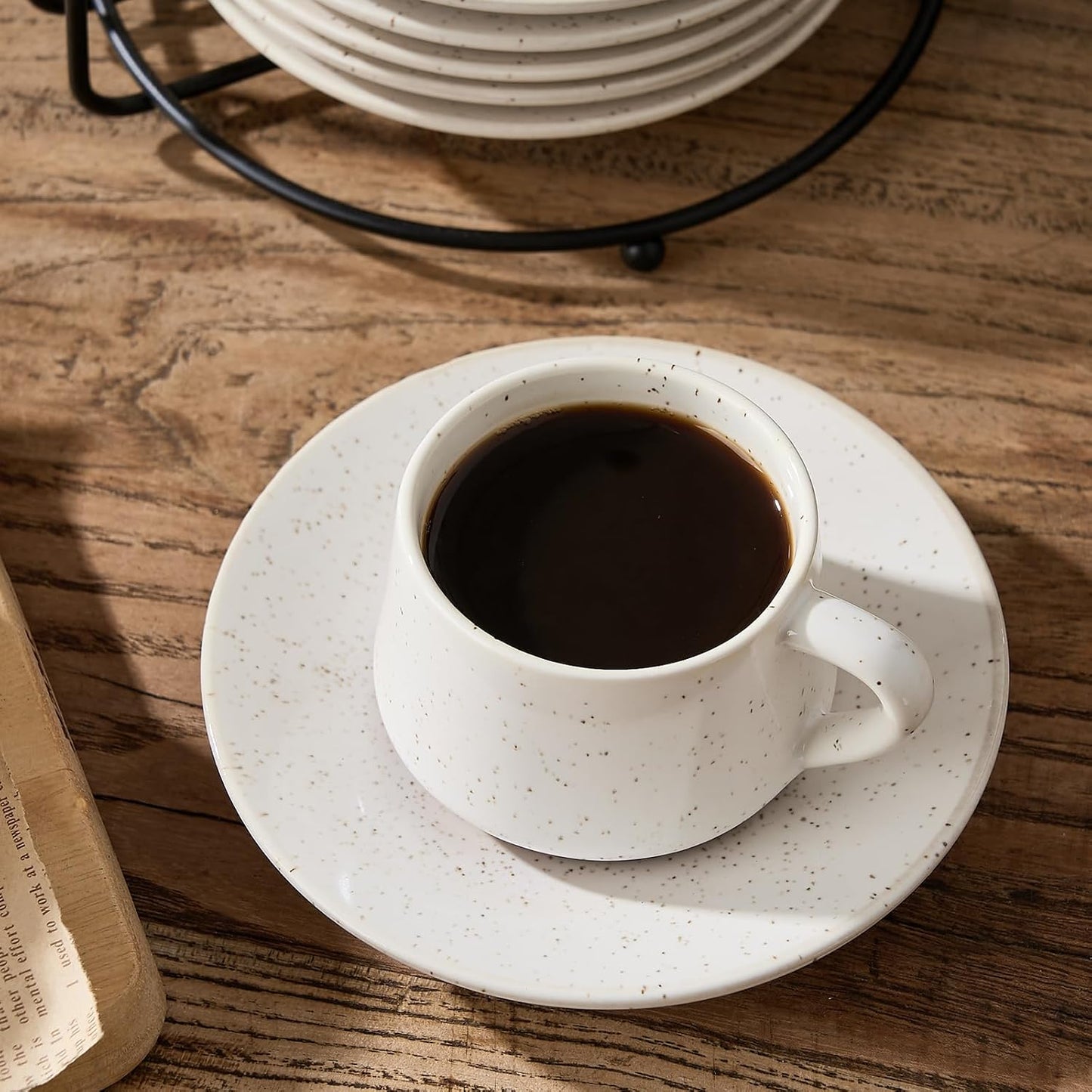 Stackable Cappuccino Cup Set of 6 [4oz]Activated-Glazed Ceramic Coffee Cup | Ceramic Coffee Cups with Saucers and Cup Holder,Microwave/Dishwasher Safe,Espresso Demitasse Cups(White)