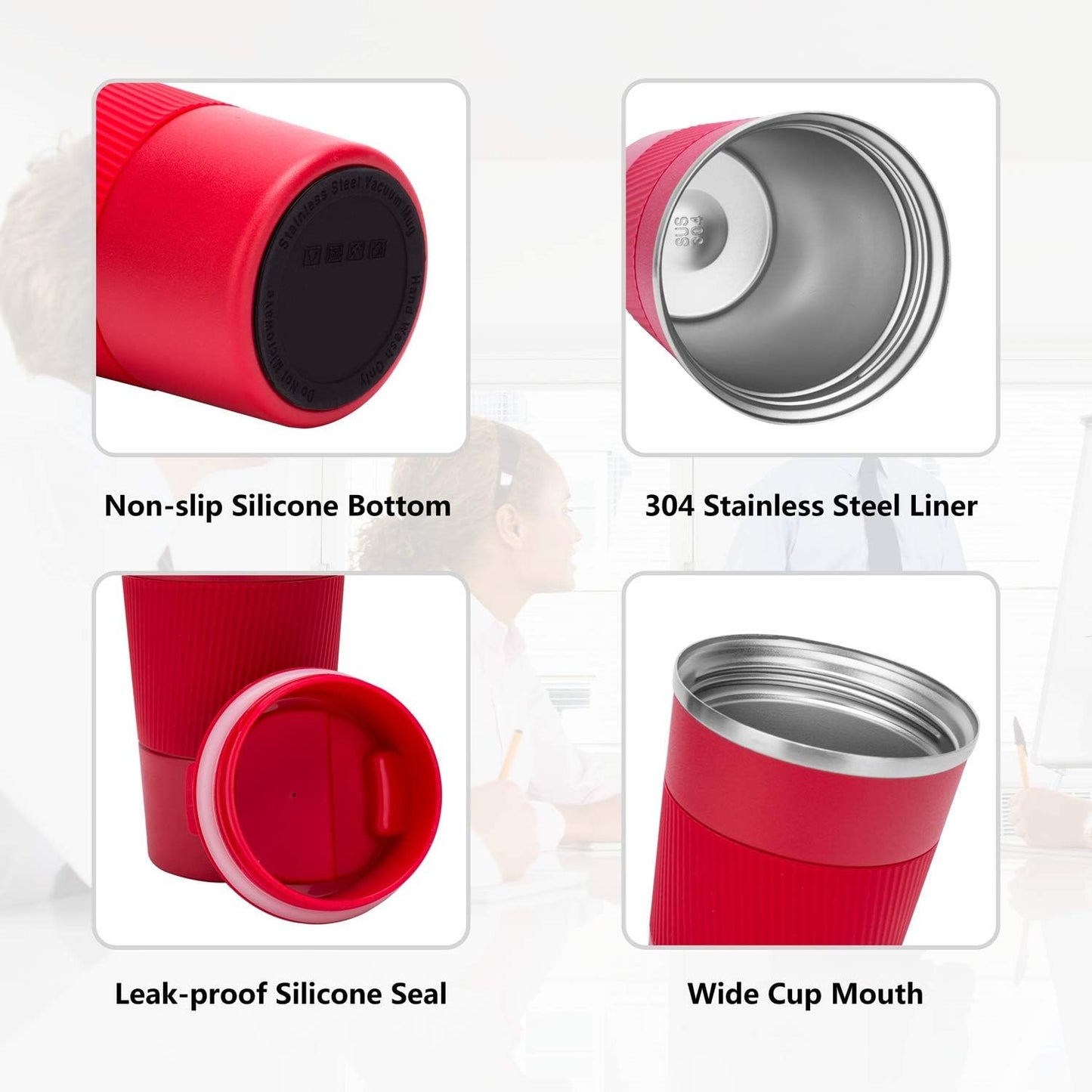 12oz Travel Coffee Mug Spill Proof, Insulated Coffee Mug with Lid, Leakproof Coffee Tumbler,Stainless Steel Vacuum Coffee Cup for Hot/Cold Drinks, Reusable Coffee Cup for Men Women -380ml,Red
