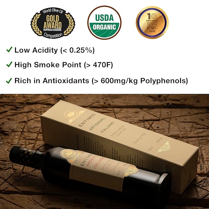 Entimio Ardente Organic Italian Extra Virgin Olive Oil from Italy, 600+ mg/kg High in Polyphenols, 2025 Gold Winner, Sicily Early Harvest evoo, Cold Extracted, Lab Tested - 16.9 fl oz
