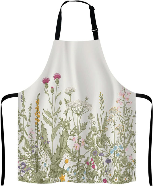 Herbs and Wild Flowers Bib Apron with Adjustable Neck for Men Women,Suitable for Home Kitchen Cooking Waitress Chef Grill