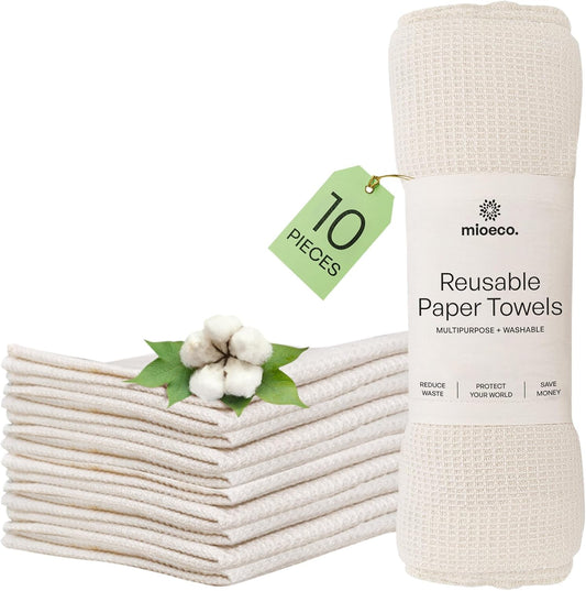 10 Pack Kitchen Paper Towels Washable - Super Absorbent Natural Paper Towels - Natural Cotton - Reusable, Paperless Kitchen
