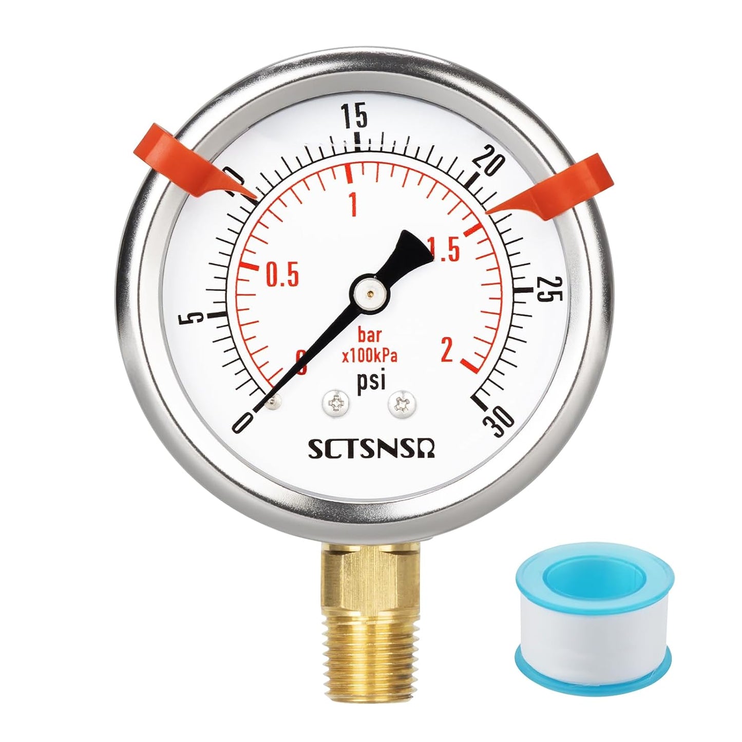 0 to 30 Psi Pressure Gauge, Liquid Filled, 1/4" NPT Lower Mount