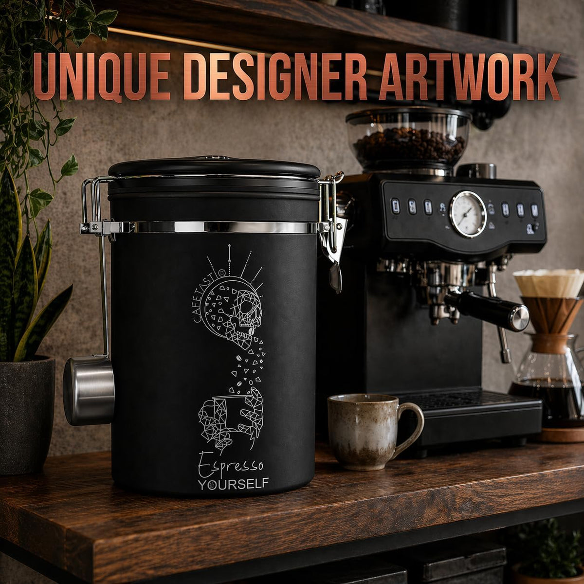 Large Coffee Canister – Airtight Stainless Steel Storage Container with Date Tracker &amp; Scoop, Sealed Jar for Grounds, Beans, Tea, Flour, Cereal, and Sugar (Black Esspresso, 38OZ)