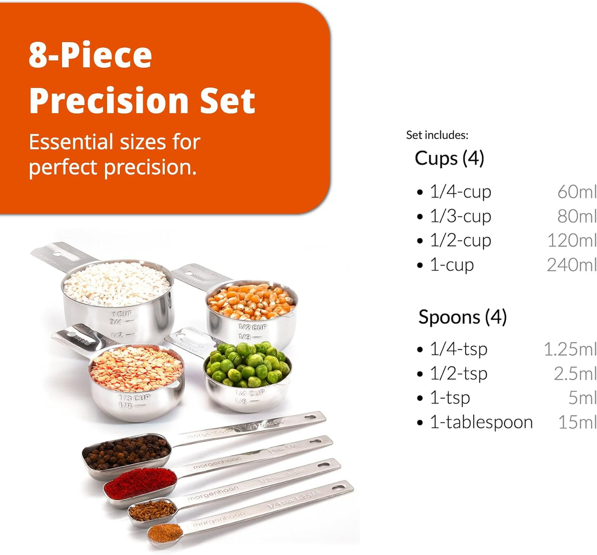 Premium 304 Stainless Steel Measuring Kit - 8-Piece Essential Cups and Spoons for Everyday Use, Stackable &amp; Durable