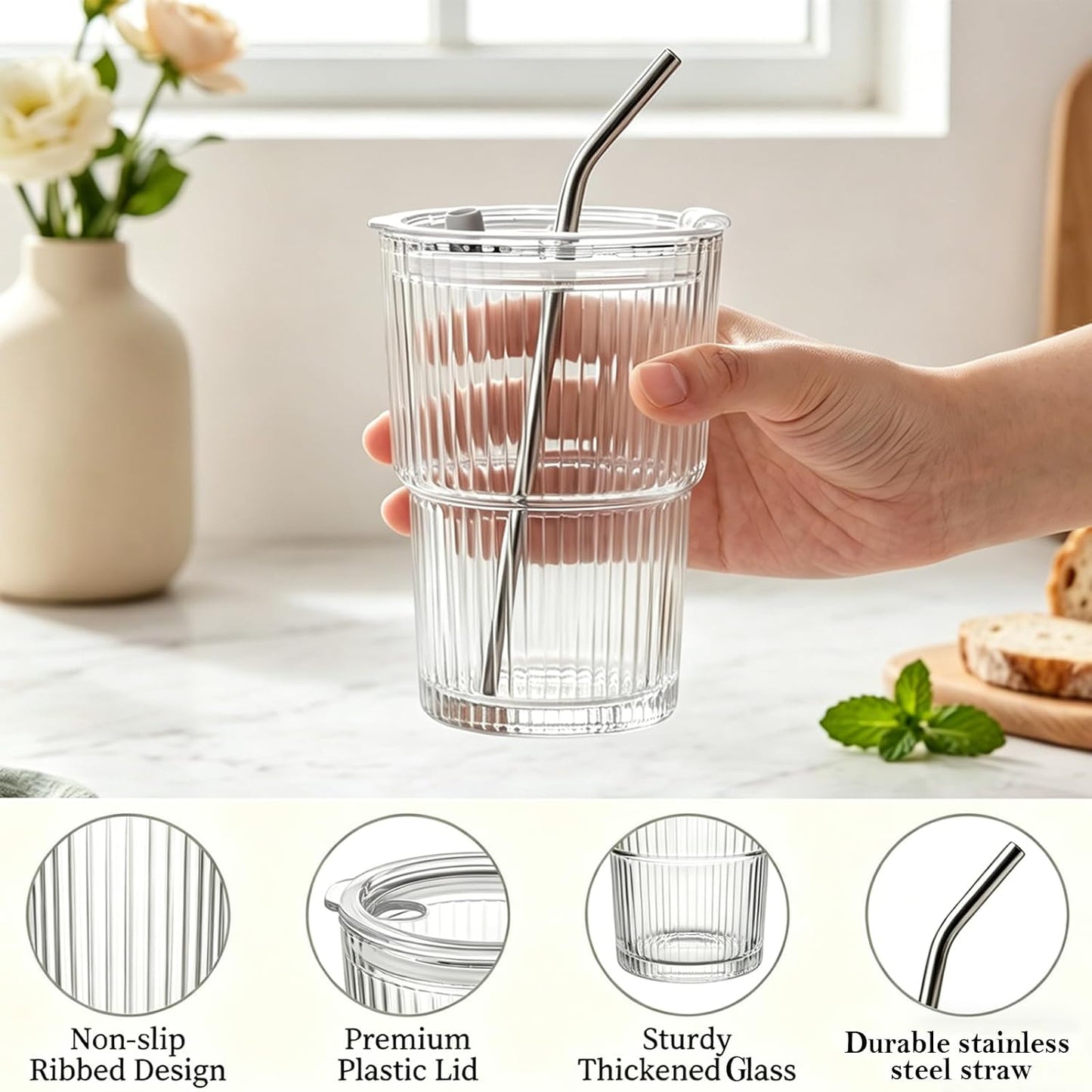 13oz Iced Coffee Cups with Lids and Straws, Thicken Glass Cups, 2 PCS | Dishwasher Safe &amp; Leak Proof Glass Tumbler for Coffee Tea Juice Matcha, Drinking Glasses Set Fits Most Car Cup Holders
