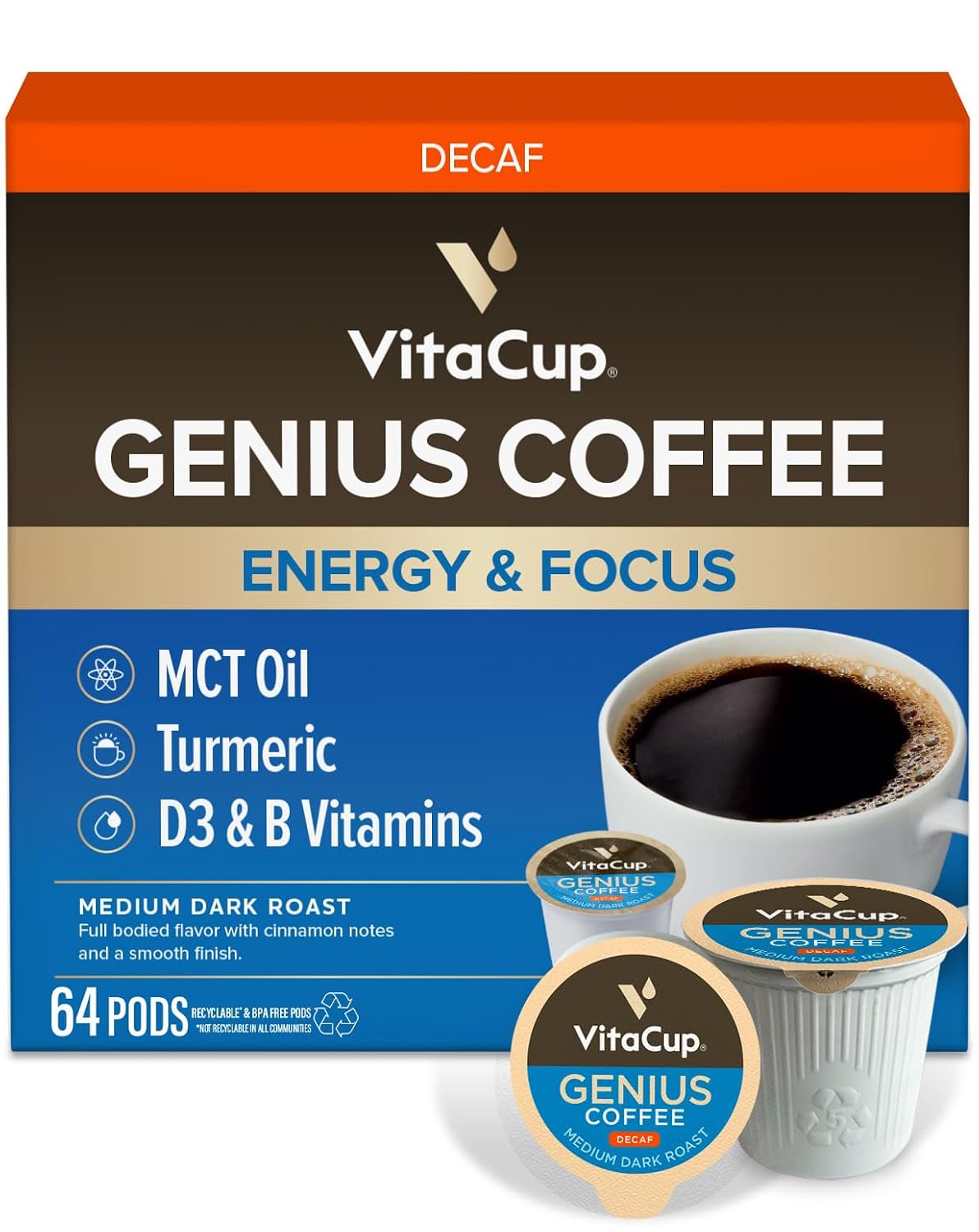 VitaCup Decaf Genius Keto Coffee Pods with MCT Oil, Turmeric, and Vitamins B1, B5, B6, B9, B12, D3 for Focus in Recyclable Single Serve Pod Compatible with K-Cup Brewers Including Keurig 2.0, 64 CT | D3, MCT Oil, Turmeric