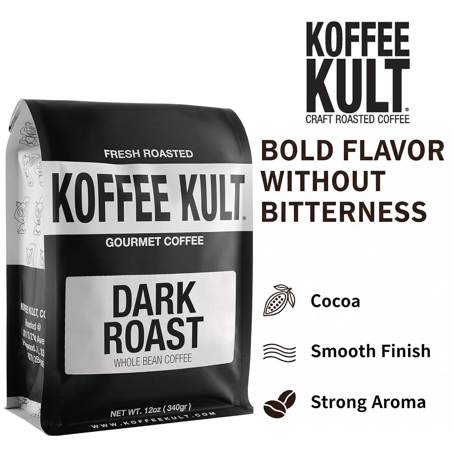 Koffee Kult Dark Roast Coffee Beans - Rich &amp; Bold with Chocolate &amp; Cinnamon Notes, Smooth Finish 100% Arabica, Ethically Sourced Resealable 12oz package