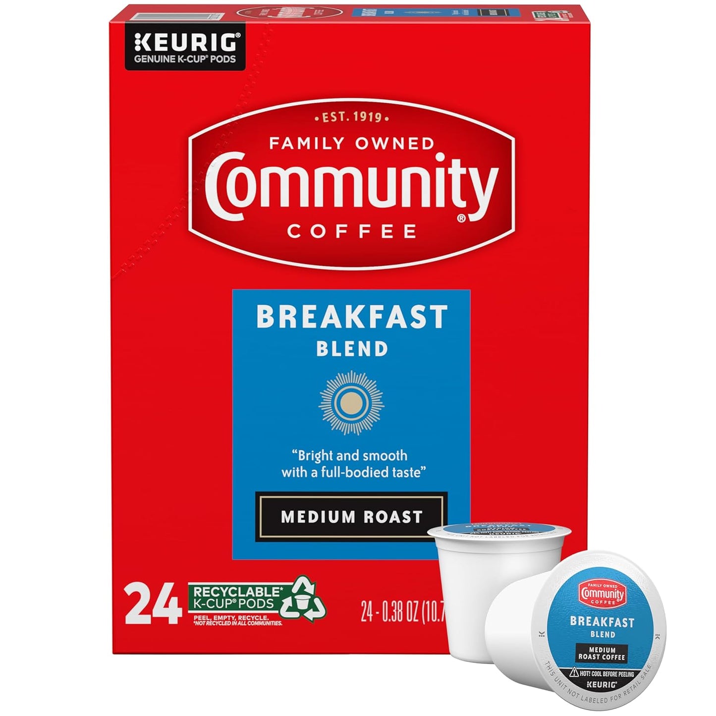 Community Coffee Breakfast Blend 24 Count Coffee Pods, Medium Roast, Compatible with Keurig 2.0 K-Cu