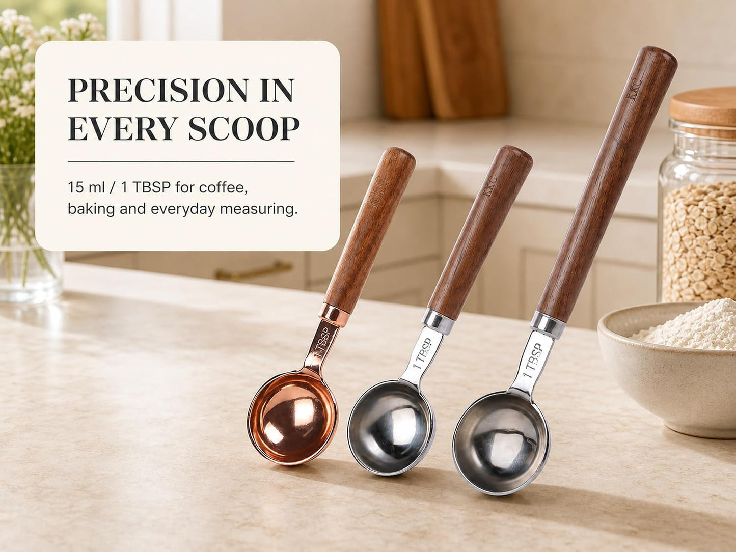 KKC HOME ACCENTS 1 Tbsp Measuring Spoon Silver Long Wooden Handle 15ml