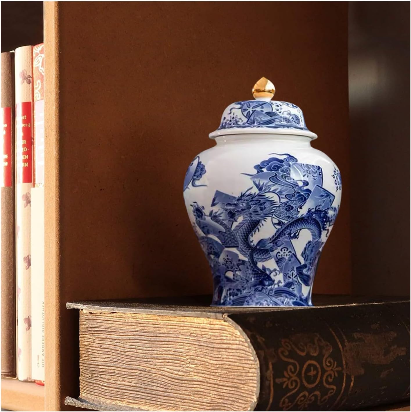 8 inches dragon Ginger Jar with Lid blue white Decorative Ceramic