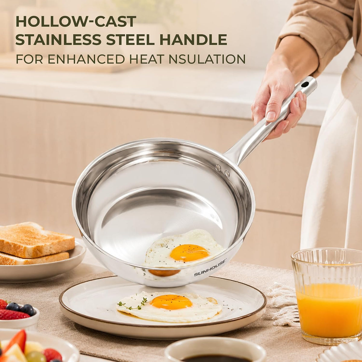 Sunhouse 18/10 9 Inch Stainless Steel Frying Pan, Whole-Clad No Coatings Skillet with Stay-cool Handle for Cooking, Durable & Oven Safe to 500°F, Dishwasher Safe, Compatible with All Cooktops