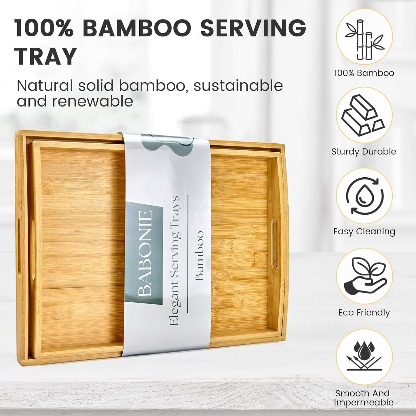 Bamboo Serving Tray Set of 2, Bamboo Trays with Handles | Decorative bamboo serving trays for serving, storage,kitchens, living rooms,bathrooms, outdoor dining 17" × 13" &amp; 16" × 12"