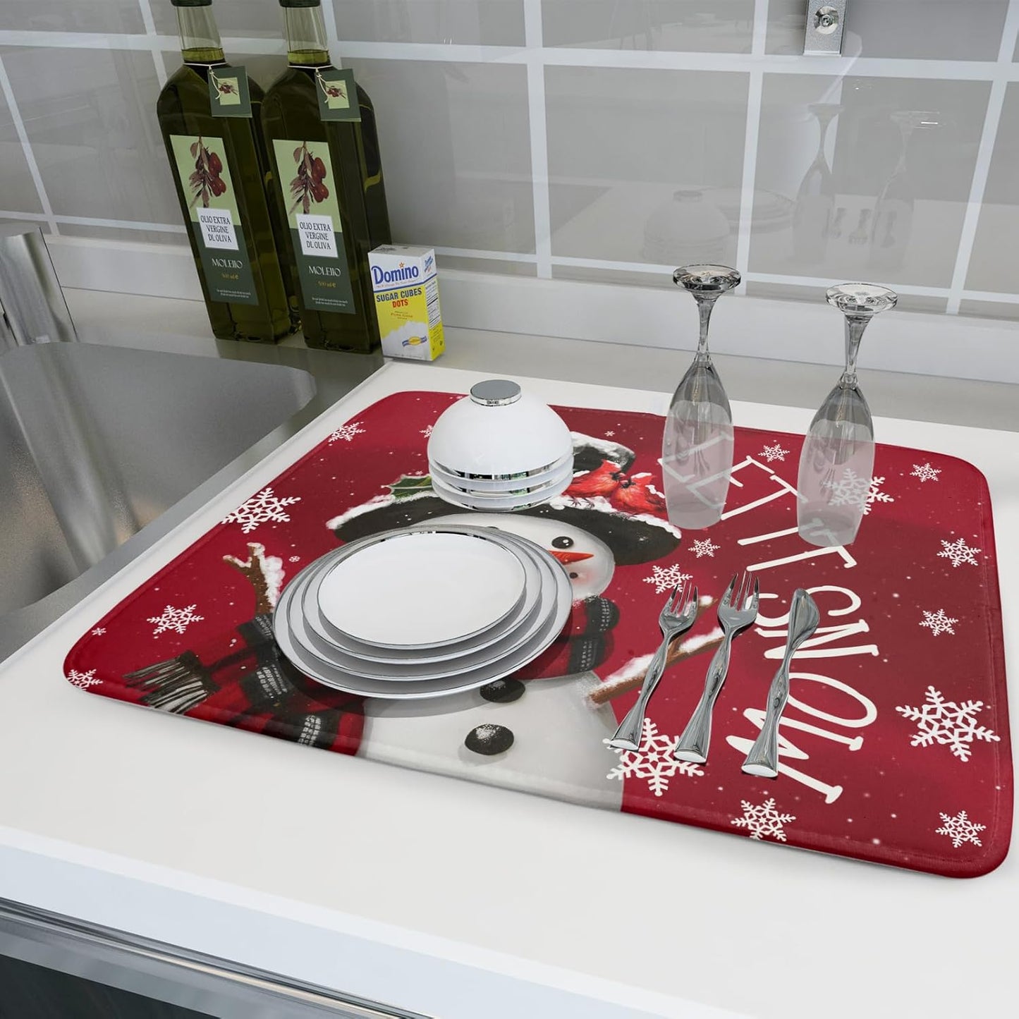 Merry Christmas Dish Drying Mat for Kitchen Counter 18x24 Inch Let It Snow Dish Draining Mat Xmas Snowflakes Decorations